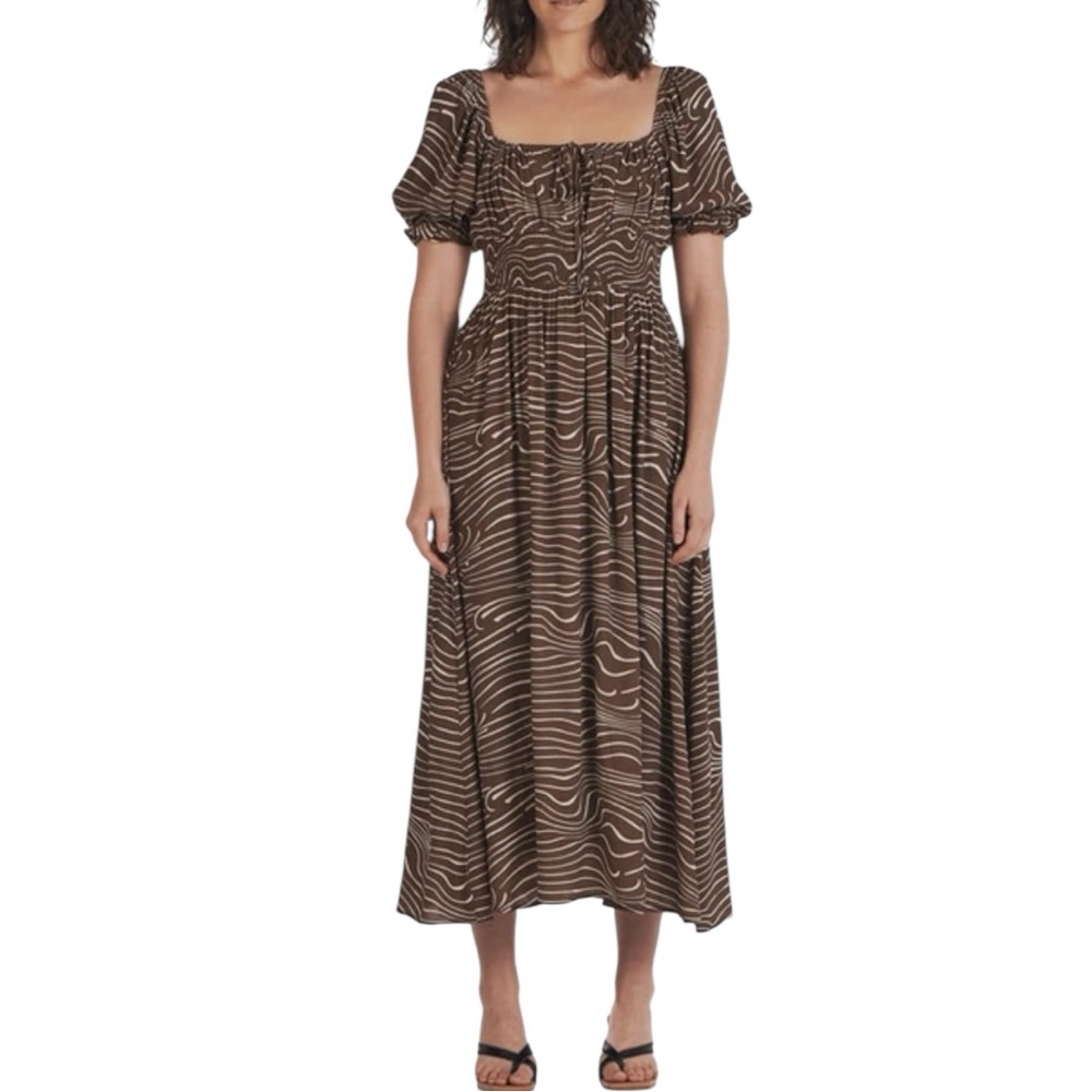 Charlie Holiday Lola Midi Dress in Retro Zebra size 4 Puff Sleeve Smocked Brown